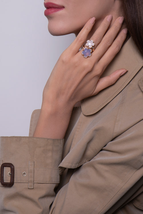 RING BON TON IN GOLD WITH  MILKY QUARTZ , CHALCEDONY AND DIAMONDS