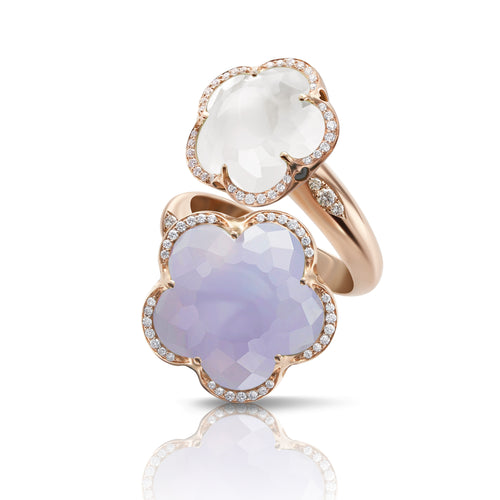 RING BON TON IN GOLD WITH  MILKY QUARTZ , CHALCEDONY AND DIAMONDS