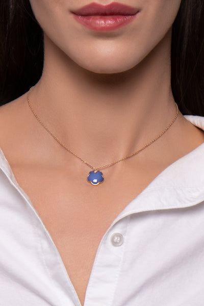 NECKLACE PETIT JOLI IN GOLD WITH WHITE AGATE ,LAPIS AND DIAMONDS