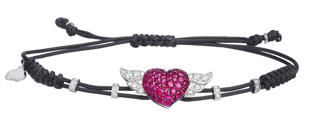 BRACELET WITH HEART AND WINGS IN GOLD WITH RUBIES AND DIAMONDS