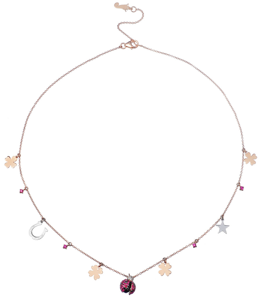 NECKLACE IN GOLD WITH RUBIES LADYBUG AND LUCKY CHARMS
