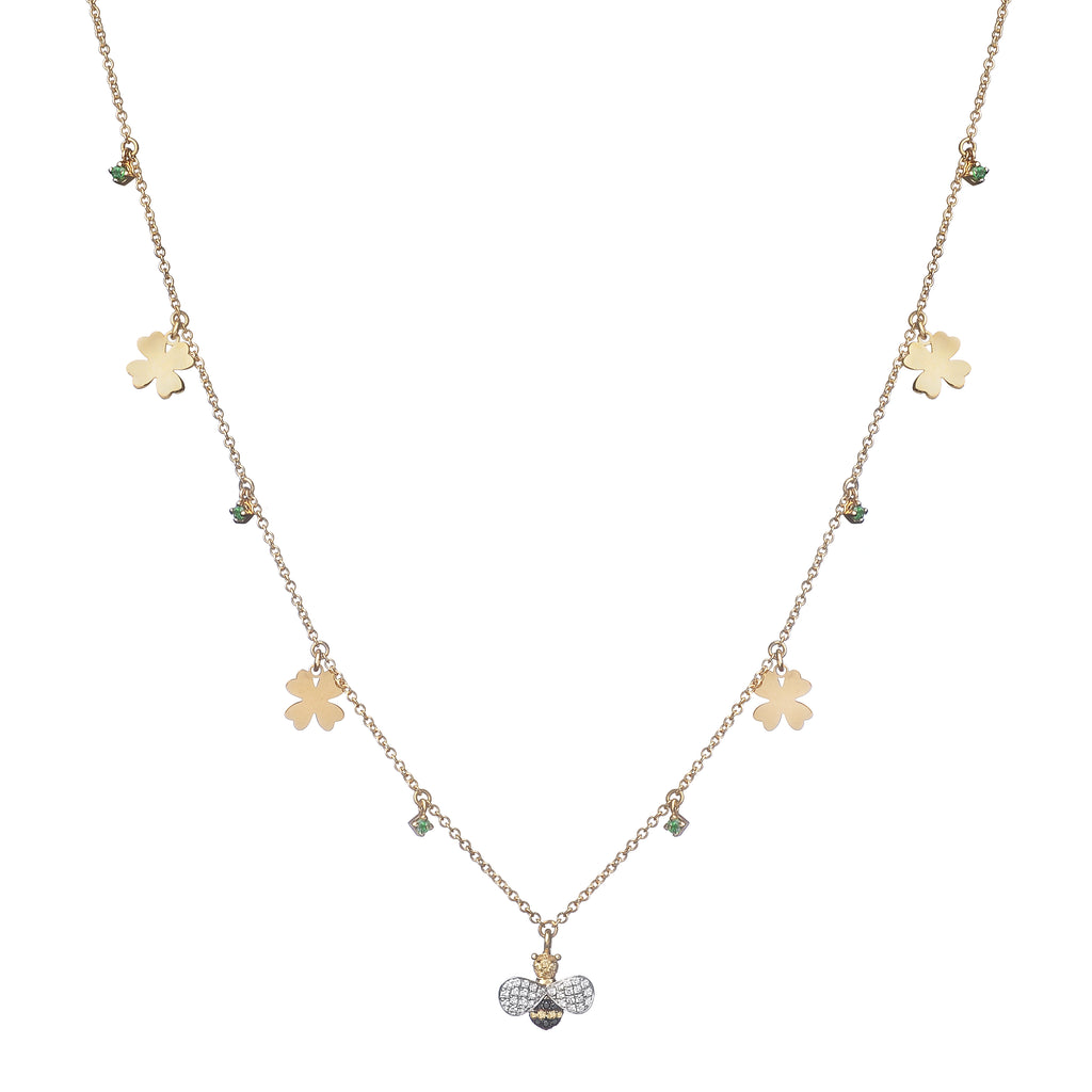 NECKLACE IN GOLD WITH DIAMONDS BEE AND FOUR-LEAF CLOVER CHARMS