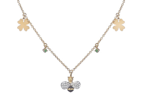 NECKLACE IN GOLD WITH DIAMONDS BEE AND FOUR-LEAF CLOVER CHARMS