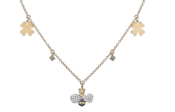 PIPPO PEREZ NECKLACE IN GOLD WITH DIAMONDS BEE AND FOUR-LEAF CLOVER CHARMS  – Feludei