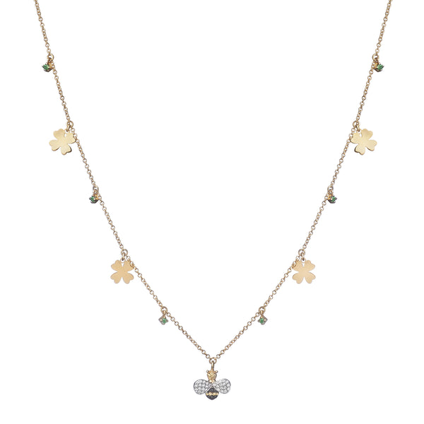NECKLACE IN GOLD WITH DIAMONDS BEE AND FOUR-LEAF CLOVER CHARMS