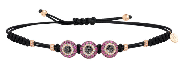 BRACELET WITH 3 EVIL EYES IN GOLD WITH PINK SAPPHIRES