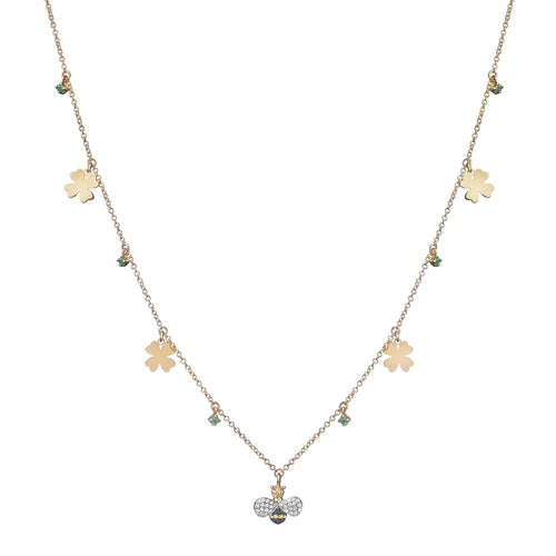 NECKLACE IN GOLD WITH DIAMONDS BEE AND FOUR-LEAF CLOVER CHARMS